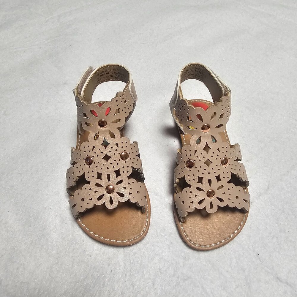 Laser Cut Floral Toddler Sandals Leather Ankle Strap Neutral Tan Size 9